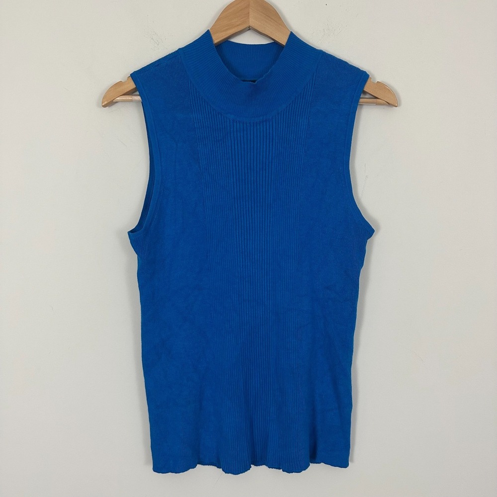 Rachel Rachel Roy Knit Top Blue Mock Neck Sleeveless Ribbed Minimalist Womens L